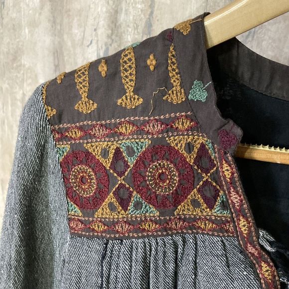 Free People XS Ties To Florence Dress Tassle Tie Front Embroidered Tunic Boho - Picture 5 of 12